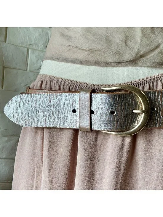 Vintage 90s Y2K Cache Metallic Silver Brushed Handmade Leather Woven Back Wide B - Picture 5 of 12